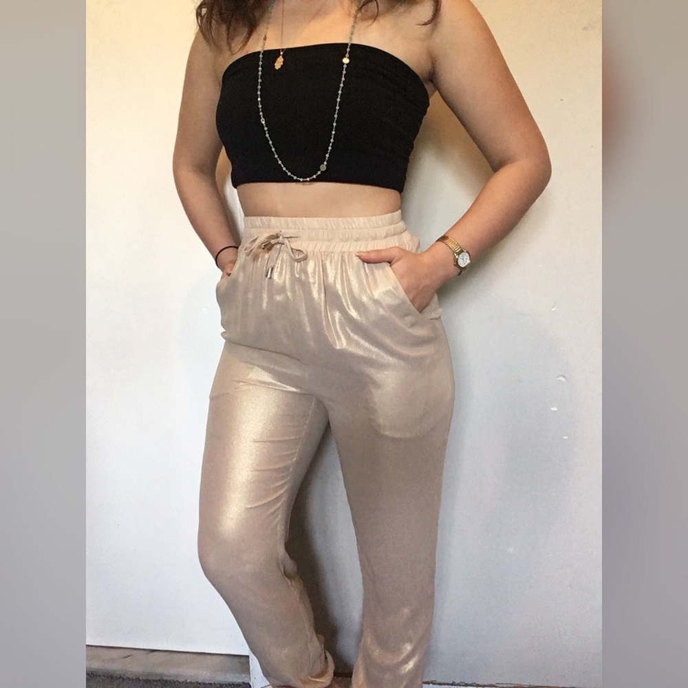 High Waisted Gold Stretchy Sheer Pants Small